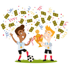 Confetti and streamers showering victorious cartoon football players in white shirts celebrating and holding trophy isolated on white background