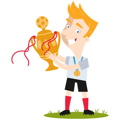 Smiling blond cartoon football player in white shirt celebrating victory holding trophy isolated on white background