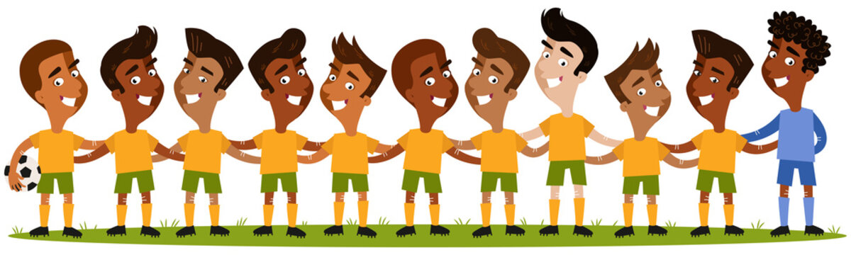 Cartoon illustration of south american men's football team lineup standing on football field isolated on white background