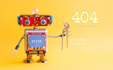 Error 404 page not found concept. IT specialist steampunk machinery robot, smiley red head, blue...