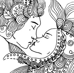 vector kissing couple in doodle style on doodle background. Can be used as card, invitation, background, adult coloring book. Hand drawn style. Wedding invitation. Zentagle. st. Valentine's day card.