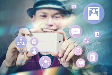 Man taking photo and uploading to social media, Ephemeral internet Illustration