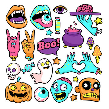 Halloween set of patches in cartoon comic style.