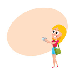 Young pretty woman, tourist on vacation tour, making photo, cartoon vector illustration with space for text. Full length portrait of young woman, girl tourist making photo with her camera
