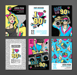 Naklejka premium Set of cards and banners in 80s-90s memphis style.
