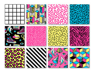 Naklejka premium Set of seamless patterns in 80s-90s memphis style.