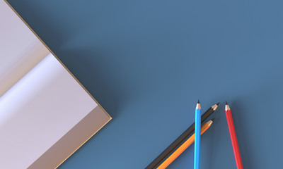Creative flat lay design of work space desk with Open Book and pencil on Blue table top view 