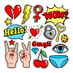 Fashion patches in cartoon 80s-90s comic style.