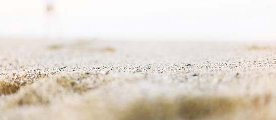 Coastline beach on sunny day background of sea and sky, gold sand close up blur, tourism relax concept, seascape perspective vacation, summer walk on ocean, mock up backdrop
