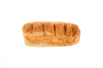 Baked puff pastry with a filling on a white background. view from above
