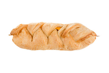 Baked puff pastry with a filling on a white background. view from above