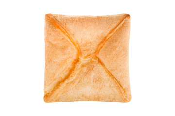 Baked puff pastry with a filling on a white background. view from above