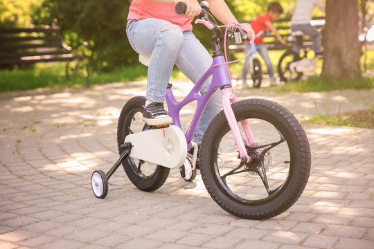 Cute child riding bicycle in park on sunny day