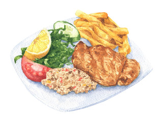 Lunch watercolor food delicious hand drawn illustration, isolated on white background. Can be used for menu design.