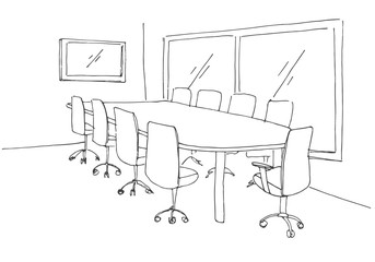Conference room in a sketch style. Hand drawn office desk, office chair. Vector illustration.