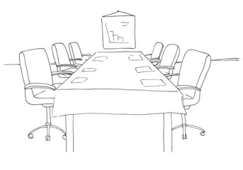 Conference room in a sketch style. Hand drawn office desk, office chair. Vector illustration.