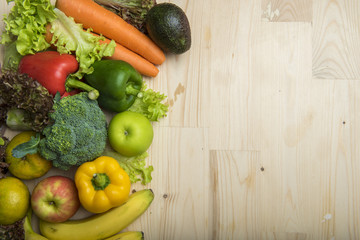 Vegetables and fruits on wood table ,Healthy food concept