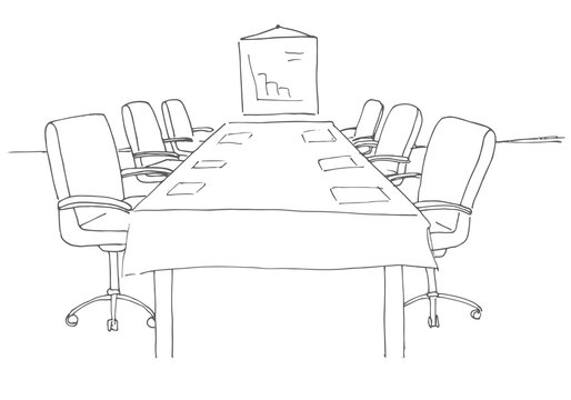 Conference room in a sketch style. Hand drawn office desk, office chair. Vector illustration.