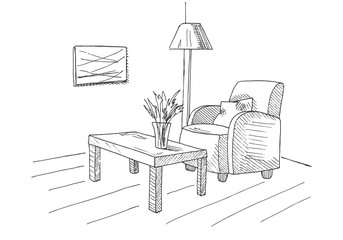 Armchair, table with a vase. Floor lamp. Hand drawn vector illustration of a sketch style.
