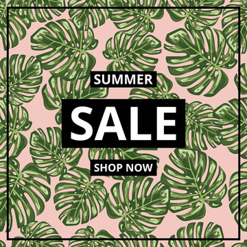 Monstera leaf semaless pattern background with a big SALE