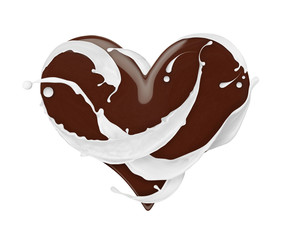 Chocolate heart with splashes of milk, isolated on white background