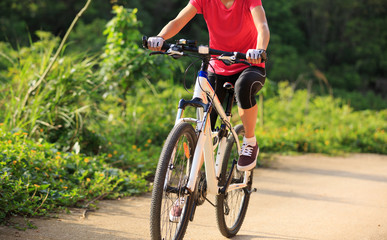 Fototapeta na wymiar woman cyclist cycling on summer forest trail
