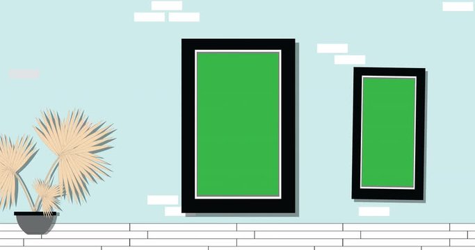 Vertical interior mock up empty frames with green backgrounds. You can easily place your logo, picture, other design on this special green background. Flat style 2D cartoon animation in 4K, Ultra HD
