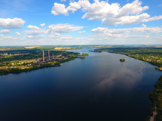 Aerial view. River in the city Dnepr, Ukraine.