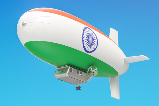 Airship or dirigible balloon with Indian flag, 3D rendering