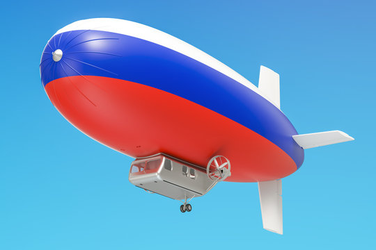 Airship or dirigible balloon with Russian flag, 3D rendering