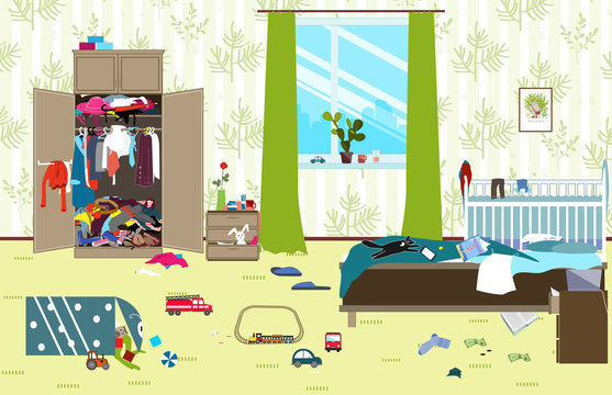 Messy Room Where Young Family With Little Baby Lives. Untidy Room. Cartoon Mess In The Room. Uncollected Toys, Things. Cleaning Vector Illustration.