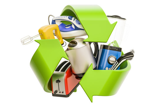 Household appliances with green symbol recycle, 3D rendering