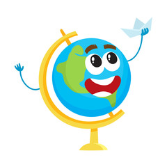 Cute and funny school globe character with smiling human face holding toy paper boat, cartoon vector illustration isolated on white background. Smiling school globe character, mascot