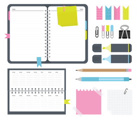 Notebook with stickers, calendar, paper clips, markers, pen and pencil. Set elements in flat design