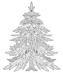 Christmas tree, decorative spruce with a doodle ornament and balls for adult coloring book page.
