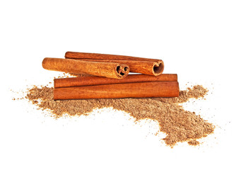 Cinnamon sticks and powder on white background