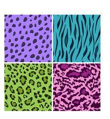 Set of seamless animal bright color patterns, vector feline or cat background