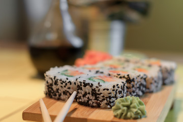 Sushi on a wooden board