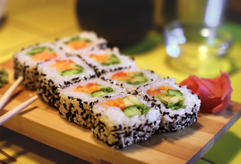 Sushi on a wooden board