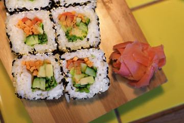 Sushi on a wooden board