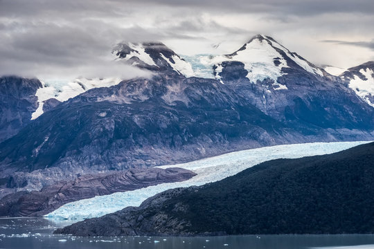 Ice tongue of Grey Glacier in Torres del Paine on cloudy day