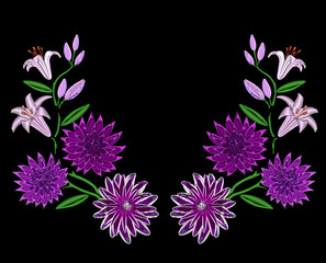 Embroidery dahlias and lily flowers. Symmetrical design for clothes decoration.