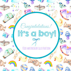 Card template, frame border on baby boy shower watercolor elements background (toys, cars, rainbow, nipple, paper boat and other)