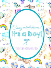 Card template, frame border on baby boy shower watercolor elements background (toys, cars, rainbow, nipple, paper boat and other)