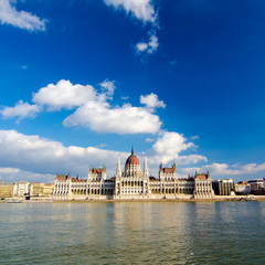 Beautiful view of the Parliament on the Danube in Budapest Hungary.