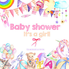 Card template, frame border with baby girl shower watercolor elements (toys, air balloons, rainbow, nipple, feathers and other), hand painted on a white background