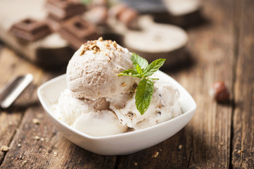 Fresh Chocolate ice cream on a plate close up