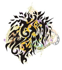 Grunge freakish tribal dragon head. The unusual head of a black dragon against the background of colorful splashes