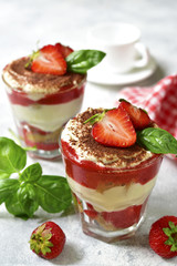 Strawberry basil tiramisu - traditional italian dessert.