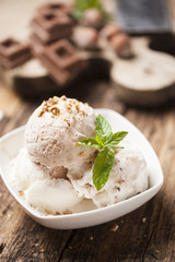 Fresh Chocolate ice cream on a plate close up